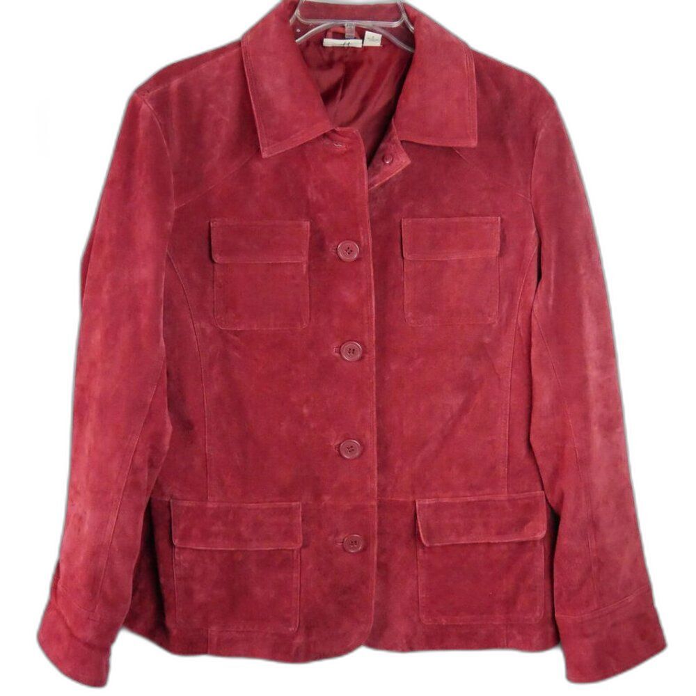 St John's Bay Womens Size L 100% Leather Burgundy Jacket Coat Button Up